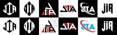 Illustration for JIA letter logo design in six style. JIA polygon, circle, triangle, hexagon, flat and simple style with black and white color variation letter logo set in one artboard. JIA minimalist and classic logo - Royalty Free Image