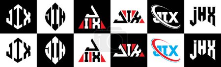 Téléchargez les illustrations : JIX letter logo design in six style. JIX polygon, circle, triangle, hexagon, flat and simple style with black and white color variation letter logo set in one artboard. JIX minimalist and classic logo - en licence libre de droit