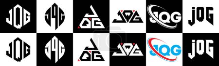 Téléchargez les illustrations : JQG letter logo design in six style. JQG polygon, circle, triangle, hexagon, flat and simple style with black and white color variation letter logo set in one artboard. JQG minimalist and classic logo - en licence libre de droit