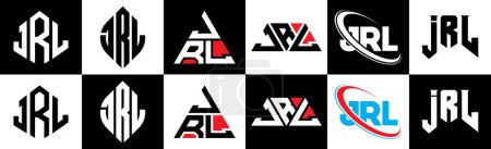 Illustration for JRL letter logo design in six style. JRL polygon, circle, triangle, hexagon, flat and simple style with black and white color variation letter logo set in one artboard. JRL minimalist and classic logo - Royalty Free Image