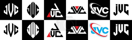 Téléchargez les illustrations : JVC letter logo design in six style. JVC polygon, circle, triangle, hexagon, flat and simple style with black and white color variation letter logo set in one artboard. JVC minimalist and classic logo - en licence libre de droit