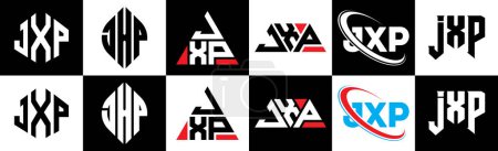 Illustration for JXP letter logo design in six style. JXP polygon, circle, triangle, hexagon, flat and simple style with black and white color variation letter logo set in one artboard. JXP minimalist and classic logo - Royalty Free Image