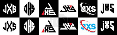 Illustration for JXS letter logo design in six style. JXS polygon, circle, triangle, hexagon, flat and simple style with black and white color variation letter logo set in one artboard. JXS minimalist and classic logo - Royalty Free Image