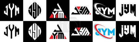 Illustration for JYM letter logo design in six style. JYM polygon, circle, triangle, hexagon, flat and simple style with black and white color variation letter logo set in one artboard. JYM minimalist and classic logo - Royalty Free Image