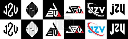 Téléchargez les illustrations : JZV letter logo design in six style. JZV polygon, circle, triangle, hexagon, flat and simple style with black and white color variation letter logo set in one artboard. JZV minimalist and classic logo - en licence libre de droit