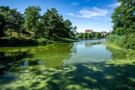 Photo for New York, NY - USA - July 20, 2018 Wide angle view of scenic Harlem Meer, a man-made lake at the northeast corner of New York City's Central Park. A popular destination. - Royalty Free Image