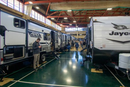 Photo for Suffern, NY - USA - Feb 18, 2023 Landscape view of the 48th Northeast RV Show. Display of recreational vehicles, campers, trailers, related products and services. Held at Rockland Community College. - Royalty Free Image