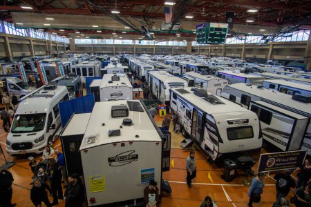 Photo for Suffern, NY - USA - Feb 18, 2023 Landscape view of the 48th Northeast RV Show. Display of recreational vehicles, campers, trailers, related products and services. Held at Rockland Community College - Royalty Free Image