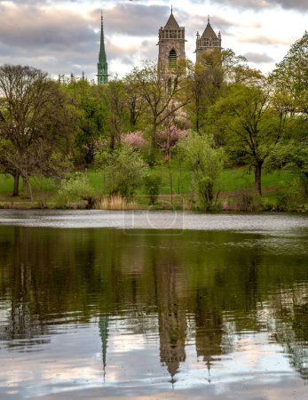 Photo for Newark, NJ - USA - April 17, 2023 Vertical view of the French Gothic revival styled Cathedral Basilica of the Sacred Heart, seen from Branch Brook Park in Newark, New Jersey.g - Royalty Free Image