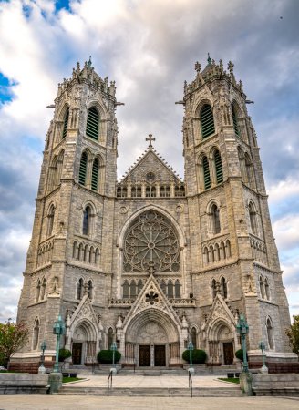 Photo for Newark, NJ - USA - April 17, 2023 Vertical view of the French Gothic revival styled Cathedral Basilica of the Sacred Heart, the seat of the Roman Catholic Archdiocese of Newark. - Royalty Free Image