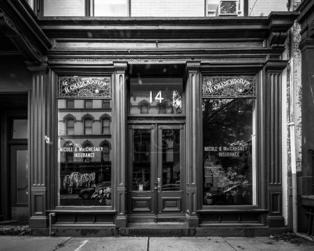 Photo for Troy, NY  US  Sept 3, 2023 Black and white landscape view of Hermann Gnadendorff's apothecary on 14 Second Street in historic district of Troy, NY - Royalty Free Image