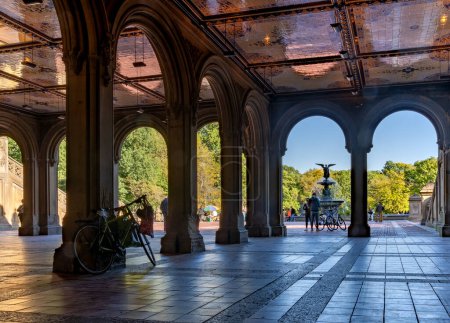 Photo for New York, NY - US - Oct 11, 2023 View of Bethesda Terrace, a bi-level, lakeside terrace with a large fountain & carvings representing the seasons & times of day within Central Park in Manhattan. - Royalty Free Image