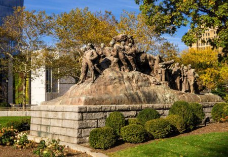Photo for Newark, NJ  US  Nov 12, 2023 Wars of America, a colossal bronze sculpture by Mount Rushmore sculptor Gutzon Borglum. Located in Military Park in Newark. The sculpture sets on a base of granite from Stone Mountain - Royalty Free Image