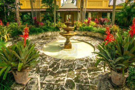 Foto de Fort Lauderdale, FL - US - Feb 7, 2024 Vista de cerca de la fuente de los patios en Bonnet House, un museo histórico de la casa en medio de un exuberante paraíso tropical - Imagen libre de derechos
