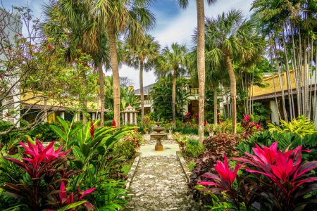 Foto de Fort Lauderdale, FL - US - Feb 7, 2024 Vistas panorámicas del patio y la fuente en Bonnet House, un museo histórico de la casa en medio de un exuberante paraíso tropical. - Imagen libre de derechos
