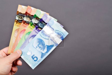 Foto de Money from Canada - Dollars in the hand on a gray background - Imagen libre de derechos
