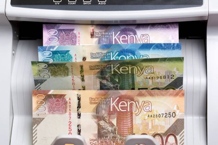 Dinero keniano - chelín en una máquina de contar
