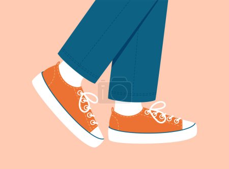 Photo for Fashionable pair of sports shoes. Female male legs in sneakers. Canvas shoes walking boots. Casual comfortable clothes and shoes. Flat stock vector illustration on colored background. - Royalty Free Image
