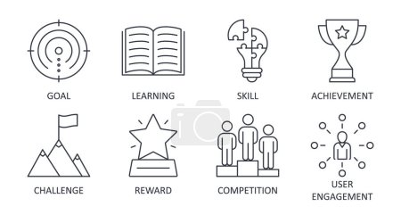 Photo for Gamification line icons. Editable stroke. Vector set of graphics elements. Goal learning skill achievement. Challenge reward competition user engagement. Stock illustration on white background. - Royalty Free Image
