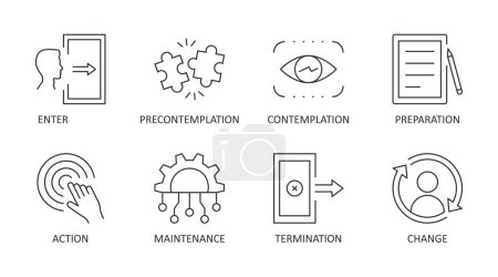 Photo for Stages of change vector icons. Editable stroke line set text. The transtheoretical model of health behavior change: enter precontemplation contemplation preparation action maintenance and termination. - Royalty Free Image