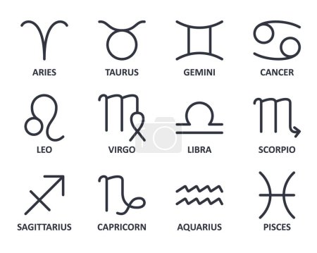 Photo for Vector icons of zodiac signs. Line icon set editable stroke astrology. Horoscope symbols with title. Stylized elements. Stock illustration isolated on white background. - Royalty Free Image