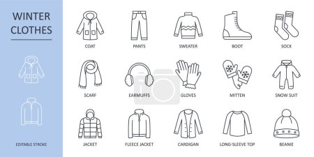 Photo for Vector winter clothes icons. Line icon set editable stroke. Warm jacket hat scarf gloves. Shoes pants socks long-sleeved sweater fleece jacket. Stock illustration isolated on white background. - Royalty Free Image
