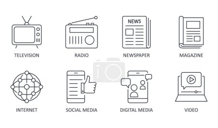 Photo for Mass media vector icons. Line set editable stroke. Television radio newspaper magazine. Internet digital social media video. News printed editions glossy magazines. Video and audio information. - Royalty Free Image