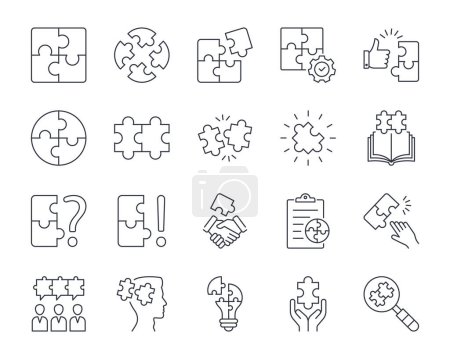 Photo for Vector puzzle icons. Editable stroke line icon set. Simple elements teamwork problem solving. Questions and answers decision making planning. Creative idea handshake search whole and particular. - Royalty Free Image