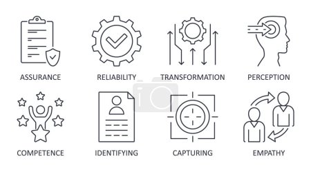 Photo for Vector responsiveness icons. Editable stroke line icon set. Simple symbols assurance competence reliability. Empathy digital transformation identifying capturing perception. Stock illustration. - Royalty Free Image