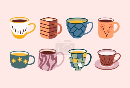Photo for Cups of tea and coffee drinks. A collection of various ceramic mugs with trendy ornaments. Stock vector illustration bright colors. - Royalty Free Image