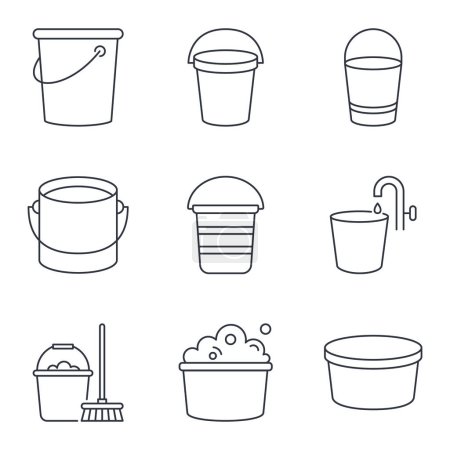 Photo for Bucket vector icons. Editable stroke line set. Symbols of cleaning gardening, drawing water from the tap. Stock illustration on a white background. - Royalty Free Image