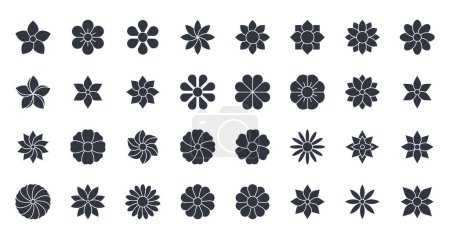 Photo for Vector black silhouette flowers icons. Set of buds editable stroke. Various spring and summer blossom flowers. Rose, sunflower, forget-me-not, chamomile. Stock illustration on white background. - Royalty Free Image