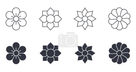 Photo for Vector line and silhouette flowers icons. Mini set of buds editable stroke. Various spring and summer blossom. Rose, lotus, sunflower, forget-me-not, chamomile. Stock illustration on white background. - Royalty Free Image