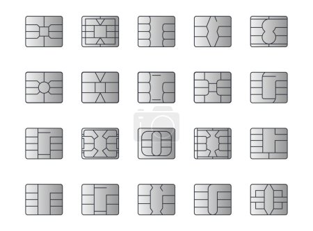 EMV chip silver vector icons. Editable stroke. Contactless payment at terminals and ATMs. Set line nfc symbol. Square computer microchips for credit debit cards. Stock illustration.