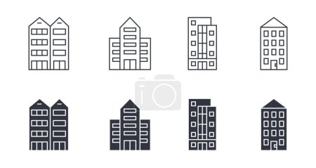 Photo for Vector line and silhouette building icons. Set signs editable stroke. Multistorey houses with a garage, doors and windows. Office space, apartments and townhouses. Stock illustration on a white backgr - Royalty Free Image