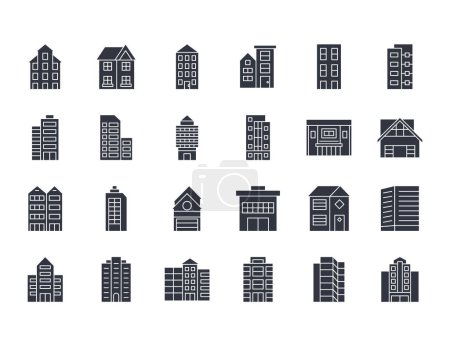 Photo for Vector silhouette icons of house. Set signs editable stroke. Multistorey buildings with doors, windows, garage. Office space and apartments for rent. Stock illustration on a white background. - Royalty Free Image
