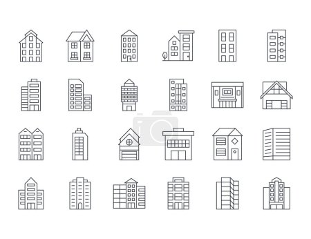 Photo for Vector icons of residential buildings. Set line symbols editable stroke. Multi-storey buildings with doors and windows. Office space, duplexes and townhouses with garage. Stock illustration on white - Royalty Free Image
