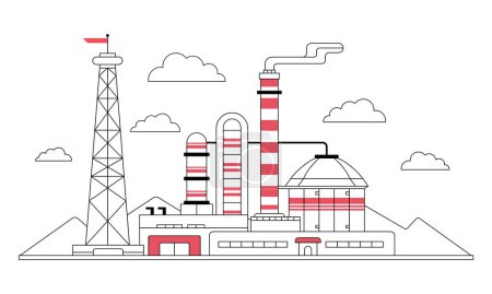 Photo for Oil refining industry building. Industrial plant with chemical pipes and tower. Line vector minimalistic illustration on white background. A group of factory buildings, mountains and clouds. - Royalty Free Image