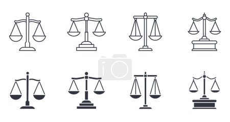 Photo for Vector icons scales of justice. Set symbols editable stroke. Line and silhouette icons. A sign of justice, fair trial and law. Equal rights for all sides. Stock illustration on a white background. - Royalty Free Image