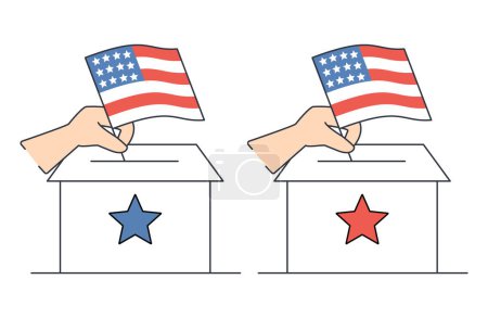 Photo for Vector illustration of elections in the USA. Two ballot boxes with a red and blue star. Hand with America flag. Stock illustration on a white background. - Royalty Free Image
