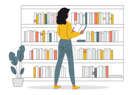 Photo for A young woman stands in front of a stack of books. Vector flat concept of library, learning, exam preparation. The girl is holding a book in her hands and reading. Home library, self-development - Royalty Free Image