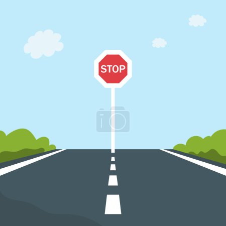 Photo for Vector illustration of a road with a stop sign. End of the road, no passage. Empty roadway, blue sky and green bushes. Flat stock illustration. - Royalty Free Image