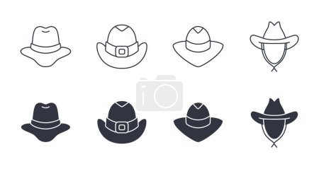 Photo for Vector cowboy hat icon. Editable stroke set. Line and silhouette symbols of the wild west. Cowboy in police sheriff hat, black color. Stock illustration. - Royalty Free Image