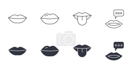 Photo for Vector icons of human lips. Editable stroke set. Line and silhouette symbols of mouth and tongue. Beautiful female lips, black color, dialogue and quote. Stock illustration. - Royalty Free Image