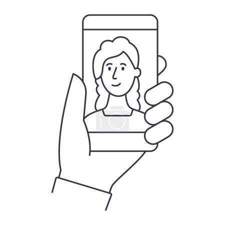 Photo for Vector icon hand holding smartphone with young woman. Selfie, video call, blogger, conference, online course, conversation with girlfriend, doctor, dating app. Editable stroke symbol. - Royalty Free Image