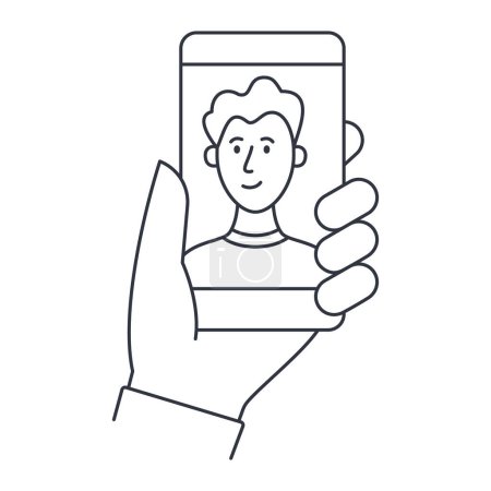 Photo for Vector icon hand holding smartphone with young man. Selfie, video call, blogger. Conference online course, conversation with boyfriend, doctor, dating app. Editable stroke symbol. Stock illustration. - Royalty Free Image