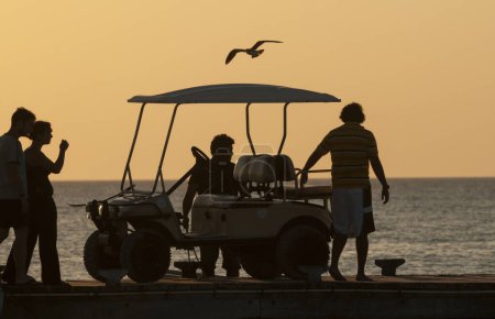 Foto de Silueta de coche de golf con amigos en la playa, vida social de vacaciones y alegría viendo la puesta de sol - Imagen libre de derechos