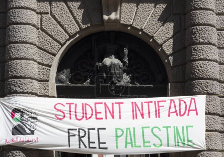 University students in Padua, Italy publicly protest in favor of Free Palestine by attaching banners at the entrance to the university in the city's historic center