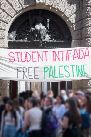 Students for peace. University students occupied the university's inner courtyard with tents in protest of the Gaza genocide. Selective focus