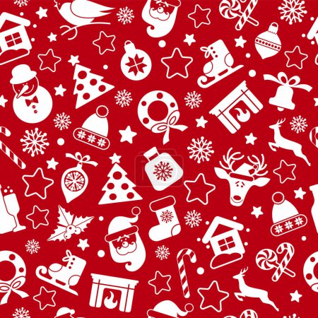 Ilustración de Navidad y Feliz Año Nuevo patrón sin costuras con juguetes y regalos de Navidad. Estilo retro de moda. plantilla de diseño vectorial. - Imagen libre de derechos